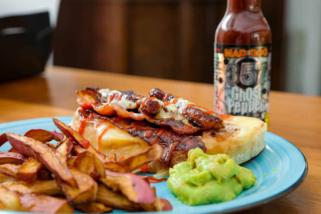 Open-faced fiery ghost pork sandwich