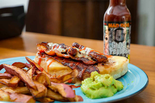 Open-faced fiery ghost pork sandwich