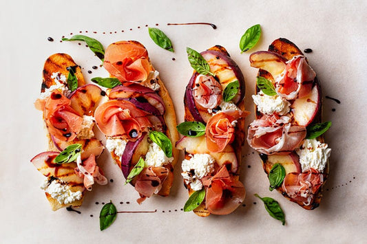 🍑🥖 Peach and Prosciutto Bruschetta with Robiola (or Creamy Cheese Options) + Mad Dog 357 Gold Edition 💛🔥