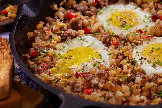 Sausage Skillet Scramble with Hash Browns and Fried Eggs