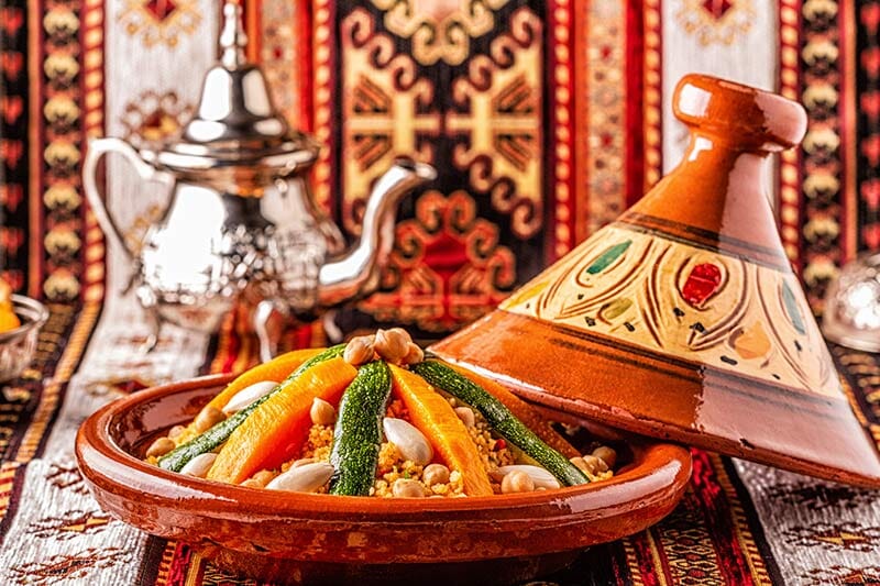 Vegetable Tagine with Almond and Chickpea Couscous